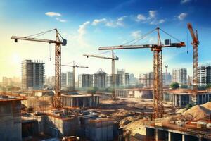 Construction site with cranes and building under construction. 3d rendering, Construction site with cranes and building against blue sky, AI Generated photo