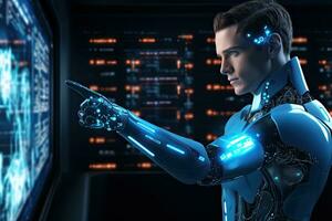 3D rendering of a male cyborg pointing to a hologram screen, Cyber digital world android robot pointing finger computer coding AI chatbot background, AI Generated photo