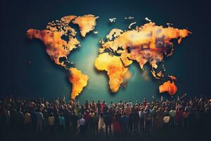 Global Business People Globalization World Map Teamwork Support Growth Success Concept, crowd of multicultural people composing a world map, AI Generated photo