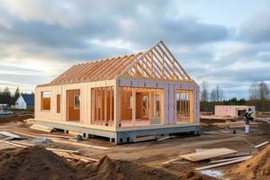 construcción de un de madera casa. construcción de un nuevo casa en un construcción sitio, construcción de un nuevo casa. construcción de un nuevo casa con un de madera marco, ai generado foto