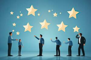 Business people and five stars on the blue background. Vector illustration, Customer service evaluation and feedback concept, AI Generated photo