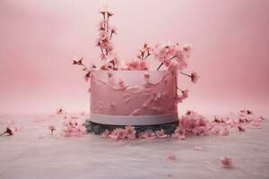 Cake with cherry blossom on a pink background. 3d rendering, Cosmetic pedestal, pink podium with sakura petals, AI Generated photo