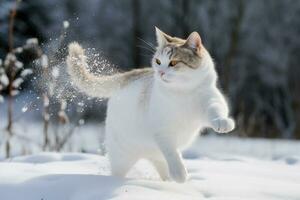 gato jugando en el nieve en invierno estación. linda gatito teniendo divertido con blanco nieve. generado ai. foto