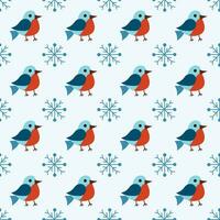 Christmas winter seamless pattern with cute birds bullfinches and snowflakes. Vector flat background.