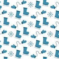 Winter and Christmas seamless pattern. Snowflakes and ice skates, mittens. Vector flat
