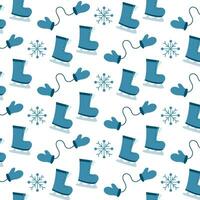 Winter and Christmas seamless pattern. Snowflakes and ice skates, mittens. Vector flat