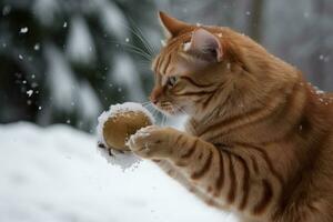 gato jugando en el nieve en invierno estación. linda gatito teniendo divertido con blanco nieve. generado ai. foto