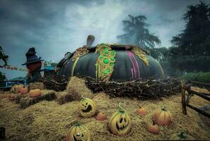 Orange halloween pumpkins on trees and lawns, October 31st full of terror photo