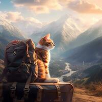 AI generated Red ginger cat traveler with backpack sitting on suitcase looking at view of mountains and river Tourism and travel with pets concept photo