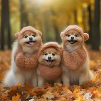 family of three fluffy ginger cute spitz dogs dressed in knitted hats and scarves sitting in an autumn park walking on fallen leaves AI generated photo