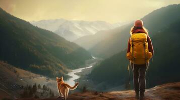 woman with red backpack hiking with ginger cat in mountains in fall Tourism and travel with pets concept copy space ai generated photo