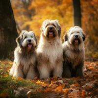 Tres lanudo linda rabicorto perros caminando en el otoño parque a lo largo el caído hojas ai generado foto