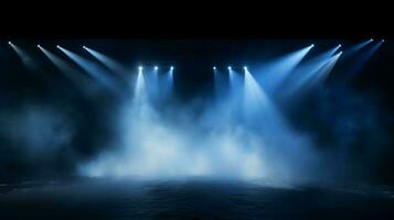 Epic Stage Illumination. Blue vector spotlight, smoke, and stadium ambiance on black backdrop photo