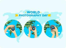 hands bringing digital camera with different pose and world map as a background. world photography day vector illustration