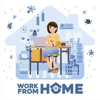 women freelancer working from home in the living room with room interior as background vector