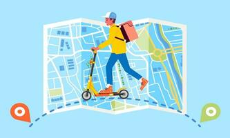 hombre portadores Envío en entrega servicios paseo eléctrico scooters y paquete o empaquetar caja seguir rutas mapa vector