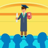 Man with certificate graduate students standing on stage and audience silhouette Flat style vector illustration