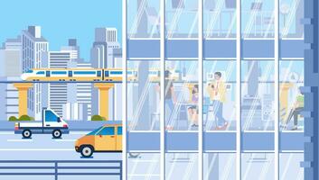 flat vector illustration of city traffic and people activities in the building with glass windows, cityscape and buildings as a background