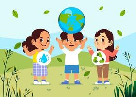 Word environment day children kids boy girl Sustainable eco friendly nature concept vector