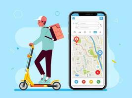 hombre portadores en móvil aplicación teléfono inteligente entrega servicios paseo eléctrico scooters y paquete o empaquetar caja seguir rutas mapa concepto vector