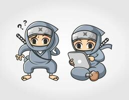 ninja preguntarse y hojeada con computadora tableta mascota personaje vector