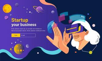 website banner illustration of young women using virtual reality glasses and touch the virtual interface with dark background vector