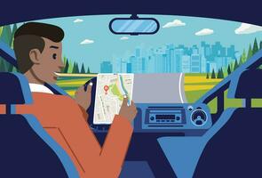 un hombre conducción en el afueras hacia el ciudad utilizando direcciones desde el en línea mapa. coche interior con paisaje y ciudad ilustración vector