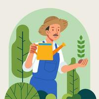 hombre plantando plantas cuidado de sostenible desarrollo ecología conservación naturaleza bosque vector