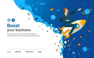 startup landing page illustration with man riding the rocket with outer space as background vector