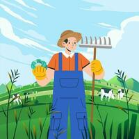 Man farmer standing while holding a straw fork and vegetable. green meadow landscape nature with cows grazing in the hills vector