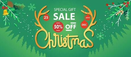 christmas sale lettering illustration with missletoe and pine tree as background vector