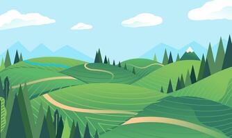 paisaje colina, montaña en el fondo, bosque, verde campo, pequeño río vector ilustración