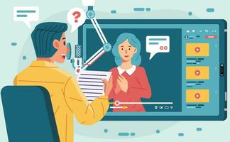 man character doing online interview podcast through video call in tablet with young woman vector illustration