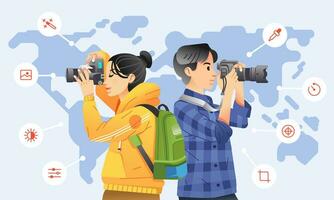 young man and women taking picture with digital camera with icon around them and world map as background vector