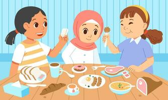 Children girls have breakfast at the dining table and chat with each other vector