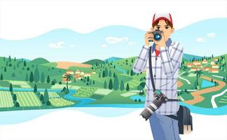 young photographer wearing hat and bring waist bag taking picture of rural landscape vector illustration