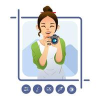 young girl pose holding digital camera and editing the picture in smartphone with app vector illustration