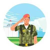 Portrait Stand by army soldier in uniform salute on military base and combat vehicle as background vector