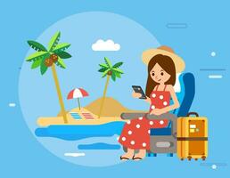 mujer personaje participación teléfono inteligente, sentarse en transporte silla y yendo vacaciones en playa, maleta al lado de, y playa como un antecedentes vector ilustración