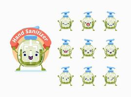 set of green hand sanitizer cute cartoon character with different facial expression vector