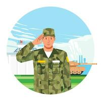 estar por retrato Ejército en camuflaje uniforme saludo en militar base y combate vehículo como antecedentes vector