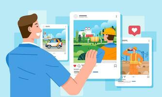 A man looks scroll by hand Post various professions and activities on social media template illustration browsing social network make posts and share vector