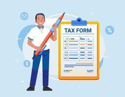 Employee with pen filling list on notepad Concept of Survey quiz or agreement document tax Vector illustration in flat style