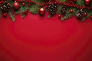 Christmas or New Year red background with fir decor. AI Generated photo