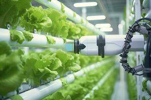 Automatic Agricultural Technology With Close-up View Of Robotic Arm Harvesting Lettuce In Vertical Hydroponic Plant. AI Generated photo