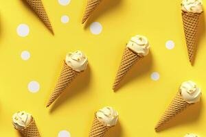 Ice Cream pattern on yellow background, top view. AI Generated photo