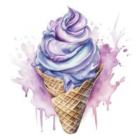 Watercolor ice cream in a waffle cone. AI Generated photo