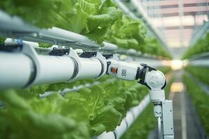 Automatic Agricultural Technology With Close-up View Of Robotic Arm Harvesting Lettuce In Vertical Hydroponic Plant. AI Generated photo