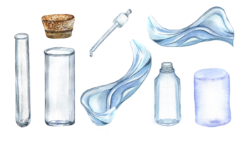 Set of glass flask with cork watercolor illustration. Transparent bottle, lab beaker, tube for essential oils, water shape hand drawn. Design element for label, package, wrapping. png