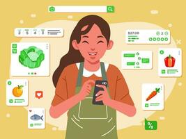 madre es tienda de comestibles compras en línea desde en línea Tienda con su teléfono, frutas, verduras, pescado y otro entrega a hogar vector ilustración